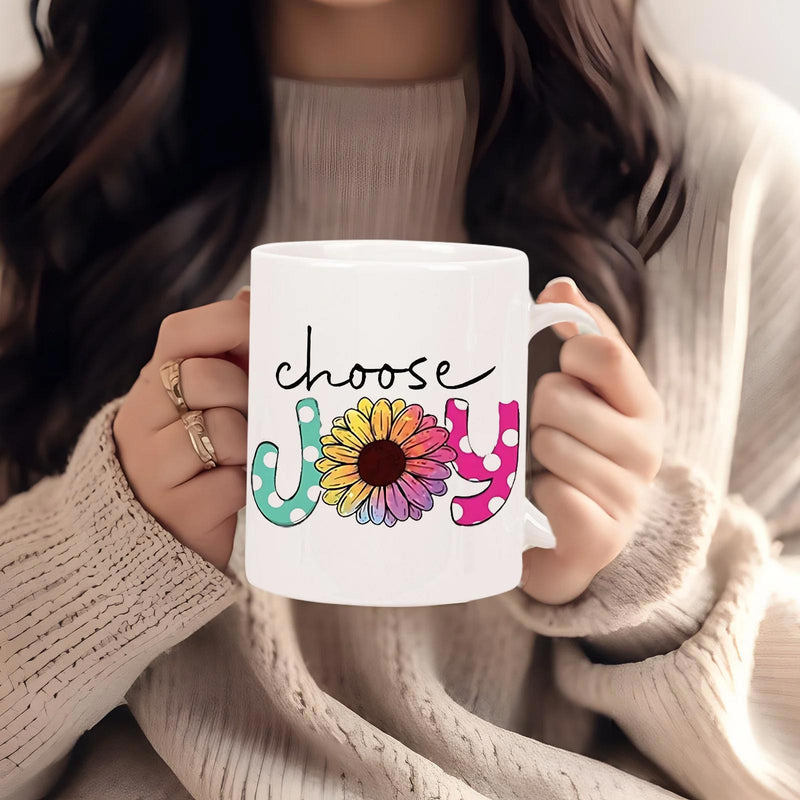 Tailorly White Ceramic 11 oz Mug - Choose Joy Vibrant Multi Colored Petals Surrounded By Polka Dot Patterned Letters Sunflower