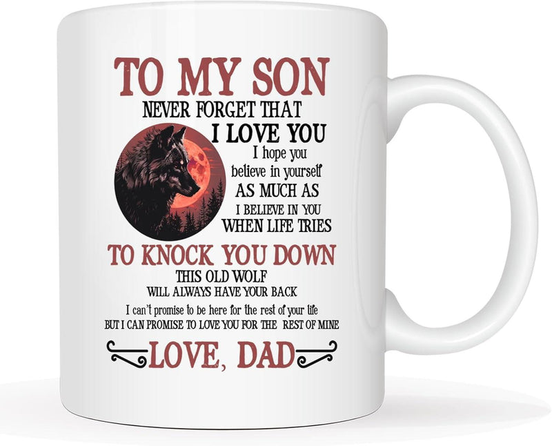 Tailorly White Ceramic 11 oz Mug - To My Son Love Dad Silhouette Of A Majestic Wolf Standing Against A Large Glowing Red Moon Wolf