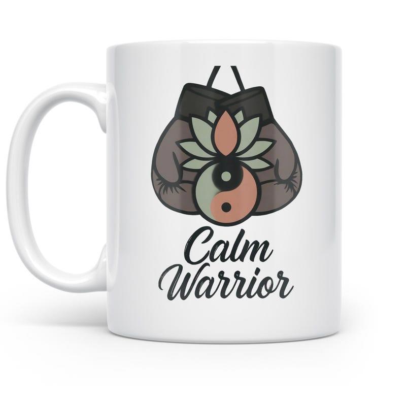 Tailorly White Ceramic 11 oz Mug - Calm Warrior Symbolic Lotus And Yin Yang Floating Over Hanging Professional Boxing Gloves