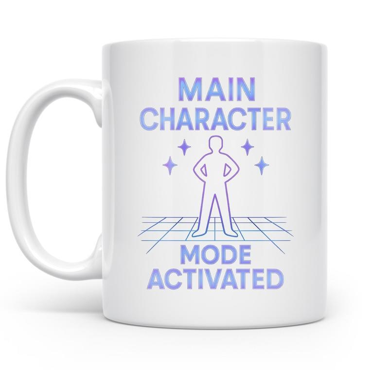 Tailorly White Ceramic 11 oz Mug - Main Character Mode Activated Proud Human Figure Standing On A Perspective Grid With Shimmering Stars Figure