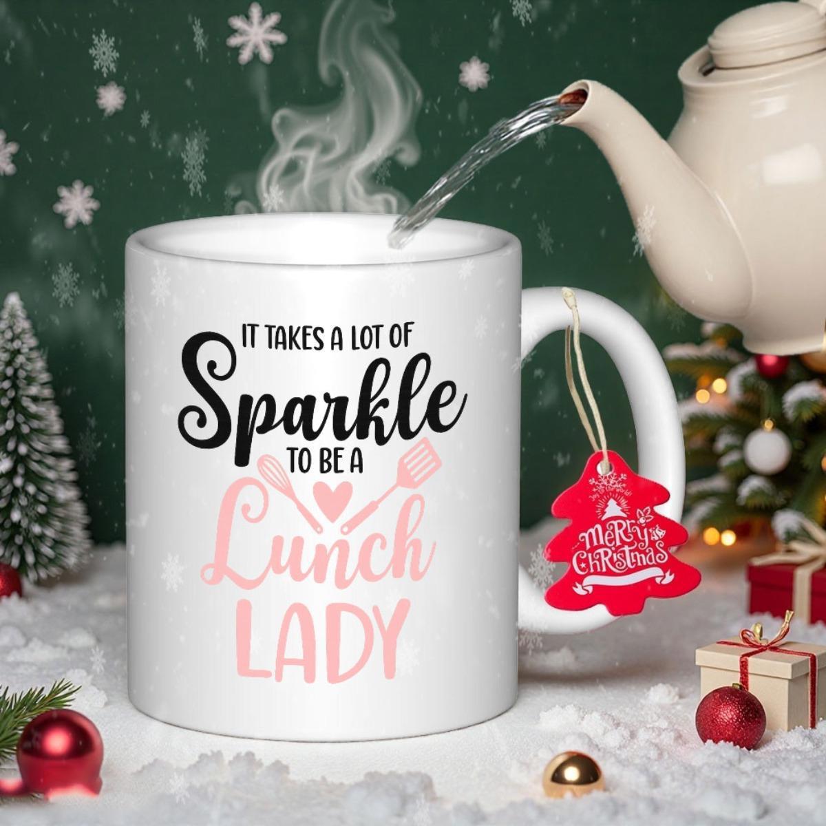 Tailorly White Ceramic 11 oz Mug - It Takes A Lot Of Sparkle To Be A Lunch Lady Elegant Script Text With Pink Kitchen Utensils Mug