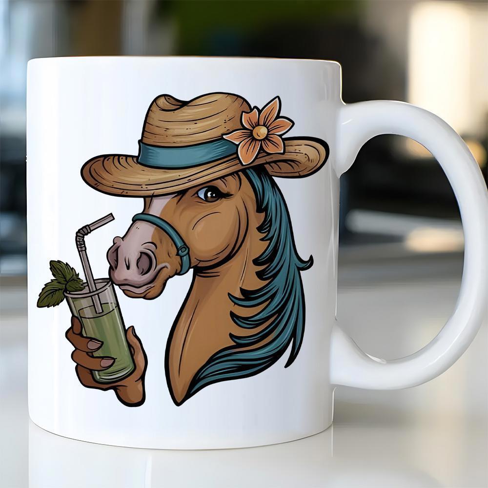 Tailorly White Ceramic 11 oz Mug - Stylish Brown Mare Wearing Straw Hat Sipping Refreshing Summer Drink Horse
