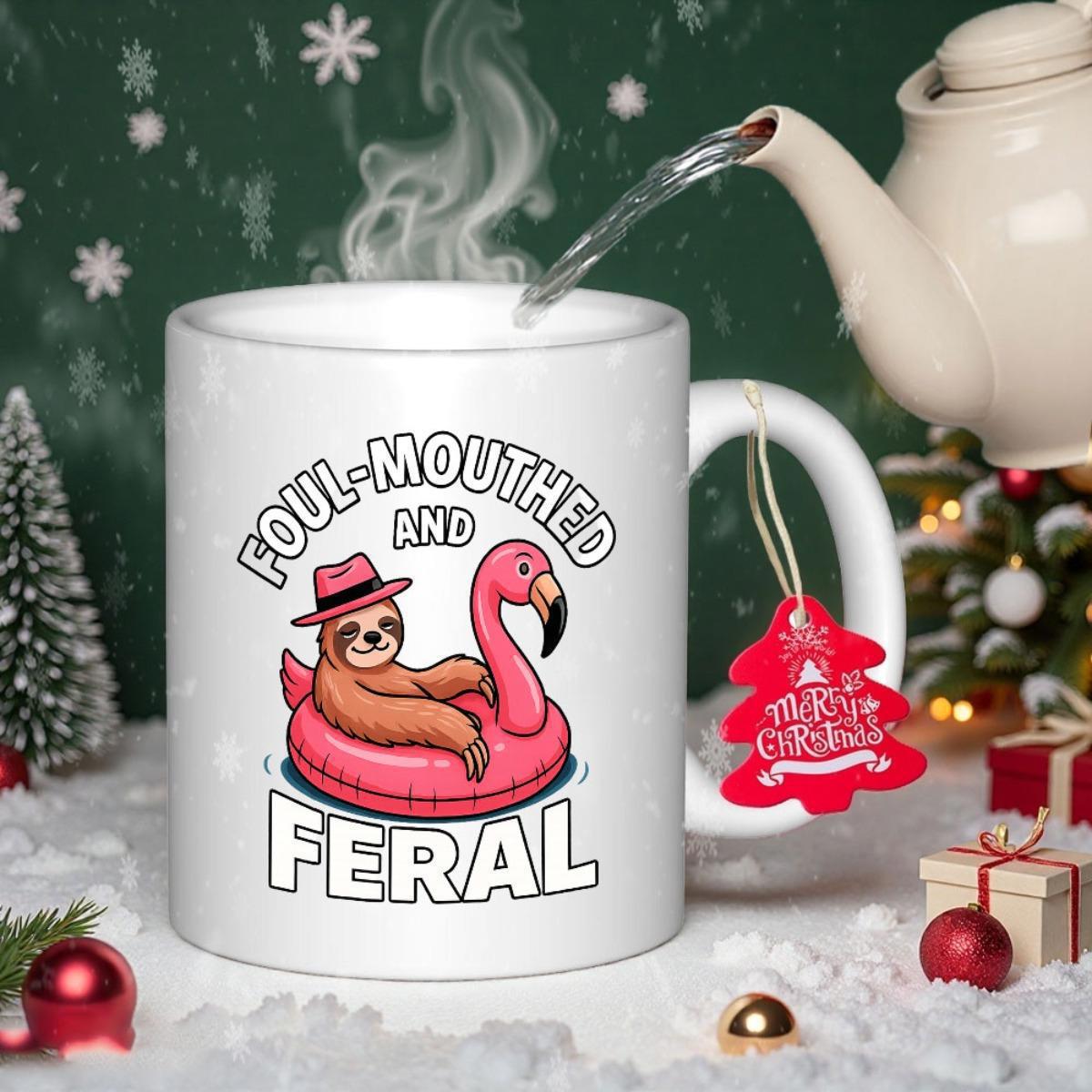 Tailorly White Ceramic 11 oz Mug - Foul Mouthed And Feral Cartoon Wearing Pink Hat Floating Inside Flamingo Inflatable Pool Ring Sloth