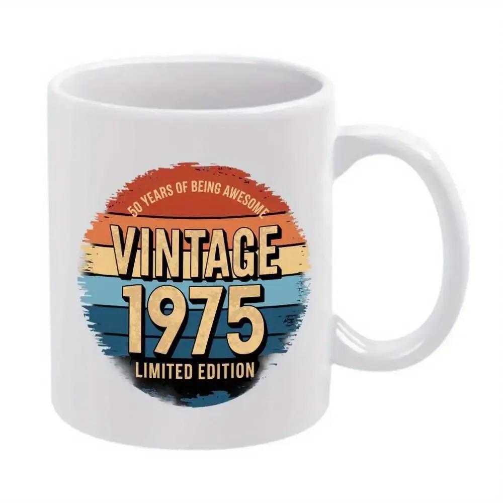 Tailorly White Ceramic 11 oz Mug - Vintage 1975 Limited Edition 50 Years Of Being Awesome Distressed Retro Sun With Colorful Horizontal Stripes And Textured Finish