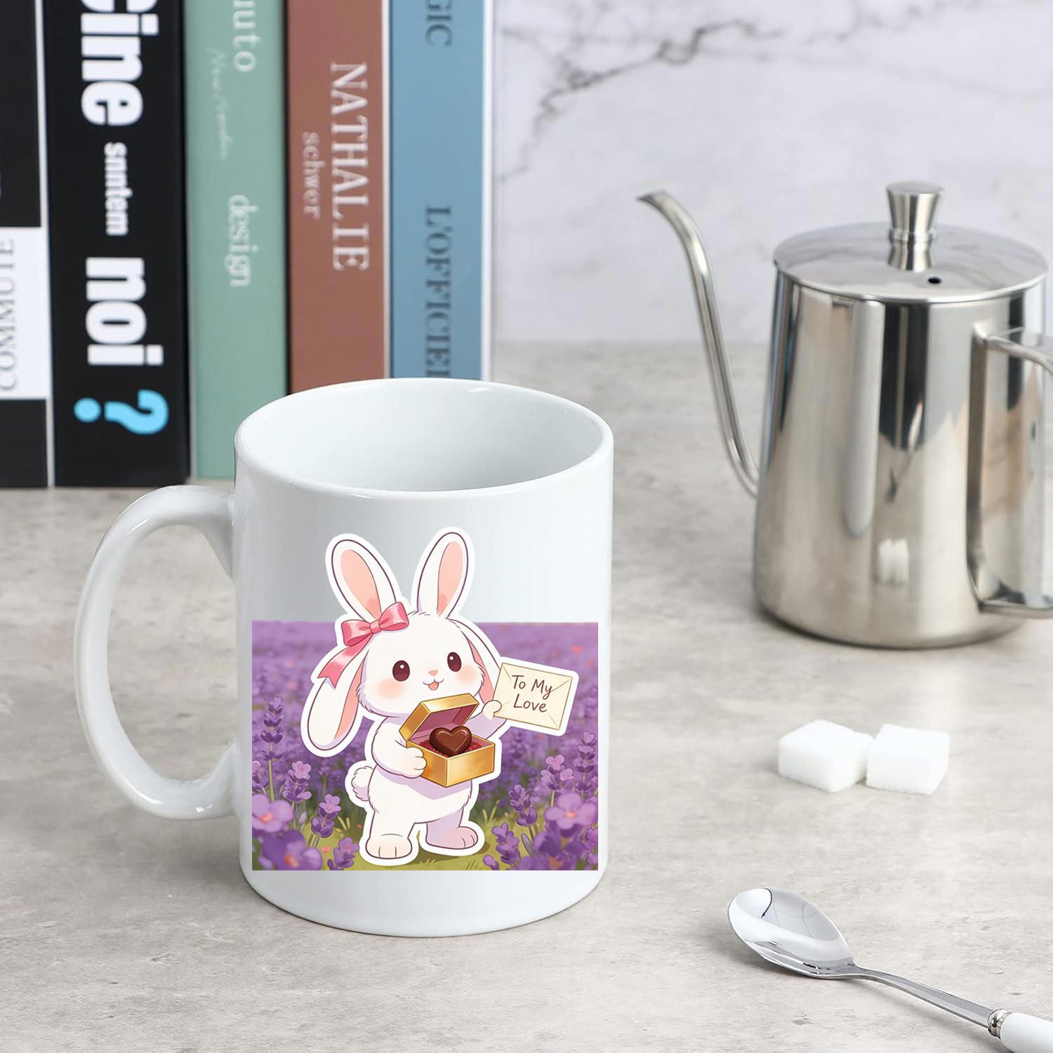 Tailorly White Ceramic 11 oz Mug - To My Love Adorable Cartoon Rabbit Holding Chocolate Box In Lavender Field Rabbit