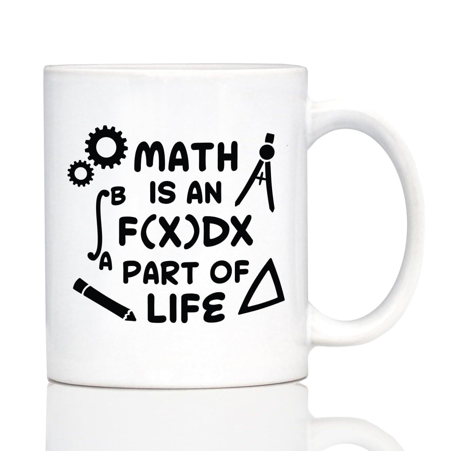 Tailorly White Ceramic 11 oz Mug - Math Is An FxDx Part Of Life Various Educational Black Icons Like Gears And Compass Tools Surrounding Mug