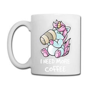 Tailorly White Ceramic 11 oz Mug - I Need More Coffee Cute Whimsical Blue Creature Drinking From Large Paper Cup Unicorn