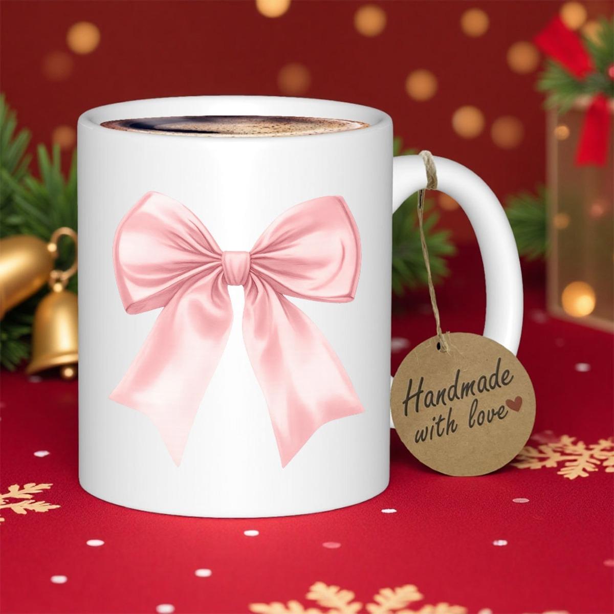 Tailorly White Ceramic 11 oz Mug - Handmade With Love Elegant Pink Satin Ribbon Tied In A Delicate Soft Knot Bow