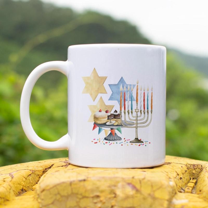 Tailorly White Ceramic 11 oz Mug - Joy Festive Watercolor Pattern With Golden Stars And Glowing Lit Candles Menorah