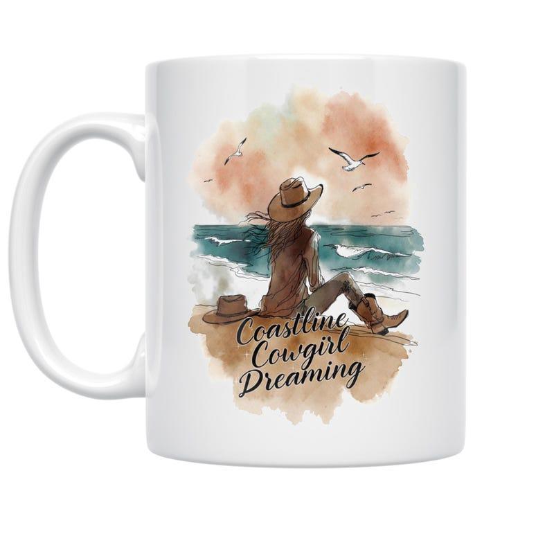 Tailorly White Ceramic 11 oz Mug - Coastline Cowgirl Dreaming Artistic Watercolor Woman Sitting By The Sea With Flying Seagulls Cowgirl