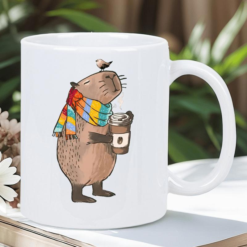 Tailorly White Ceramic 11 oz Mug - Hand Drawn Cute Animal Wearing Colorful Scarf Holding Warm Coffee Capybara