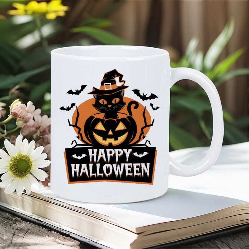 Tailorly White Ceramic 11 oz Mug - Happy Halloween Spooky Black Cat Wearing Witch Hat Inside Glowing Jack O Lantern Pumpkin
