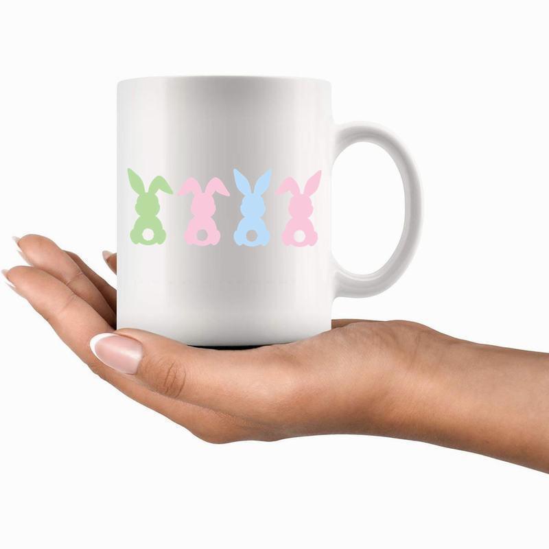 Tailorly White Ceramic 11 oz Mug - Four Colorful Pastel Easter Silhouettes Standing In A Neat Horizontal Row Bunny