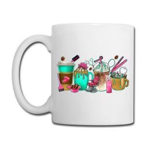 Tailorly White Ceramic 11 oz Mug - Colorful Illustration Featuring Coffee Drinks Blended With Salon Styling Tools Artistic Cup