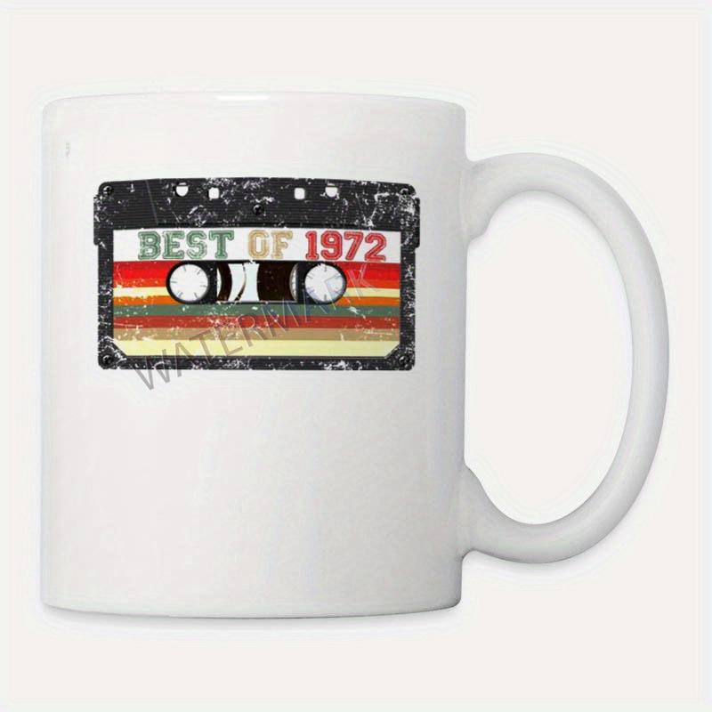 Tailorly White Ceramic 11 oz Mug - Best Of 1972 Distressed Vintage Retro Style Design With Colorful Horizontal Sunset Stripes Cassette Tape