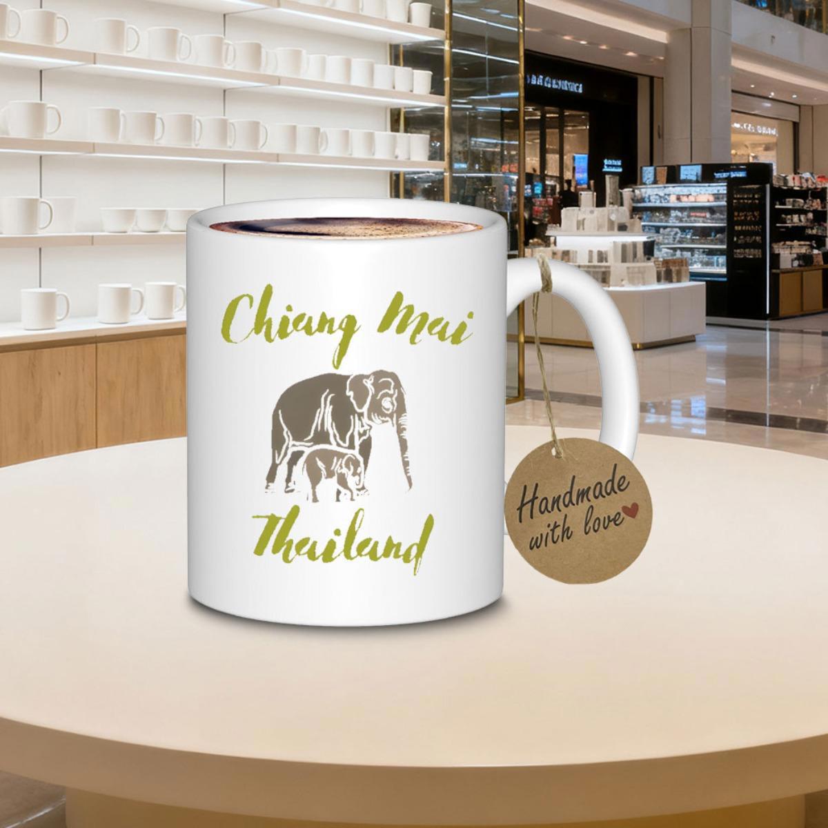 Tailorly White Ceramic 11 oz Mug - Chiang Mai Thailand Mother And Baby Walking Together Under Artistic Handwritten Font Elephant