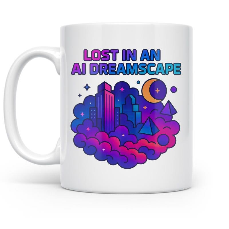 Tailorly White Ceramic 11 oz Mug - Lost In An AI Dreamscape Vibrant Cityscape Floating Amidst Colorful Clouds And Crescent Moon Mug