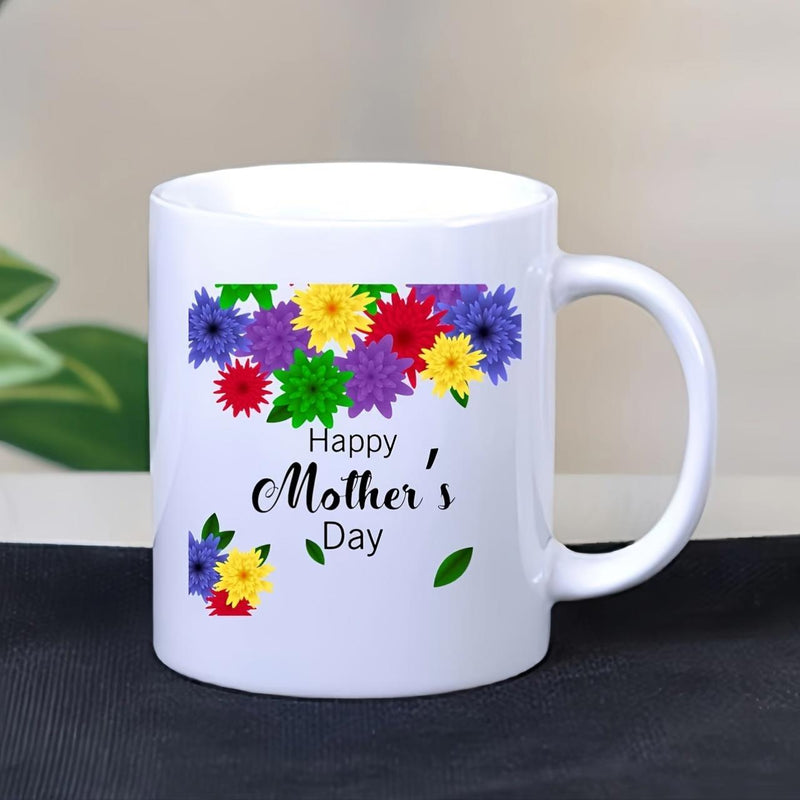 Tailorly White Ceramic 11 oz Mug - Happy Mother Day Vibrant Colorful Flowers Blooming Among Green Leaves On Pure White Surface Mug