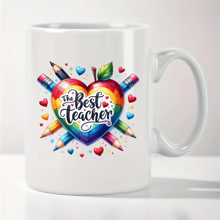 Tailorly White Ceramic 11 oz Mug - The Best Teacher Vibrant Rainbow Heart Shaped Apple With Colorful Pencils And Hearts Apple