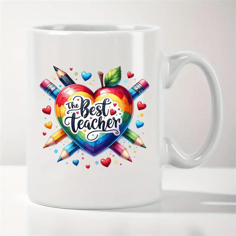 Tailorly White Ceramic 11 oz Mug - The Best Teacher Vibrant Rainbow Heart Shaped Apple With Colorful Pencils And Hearts Apple