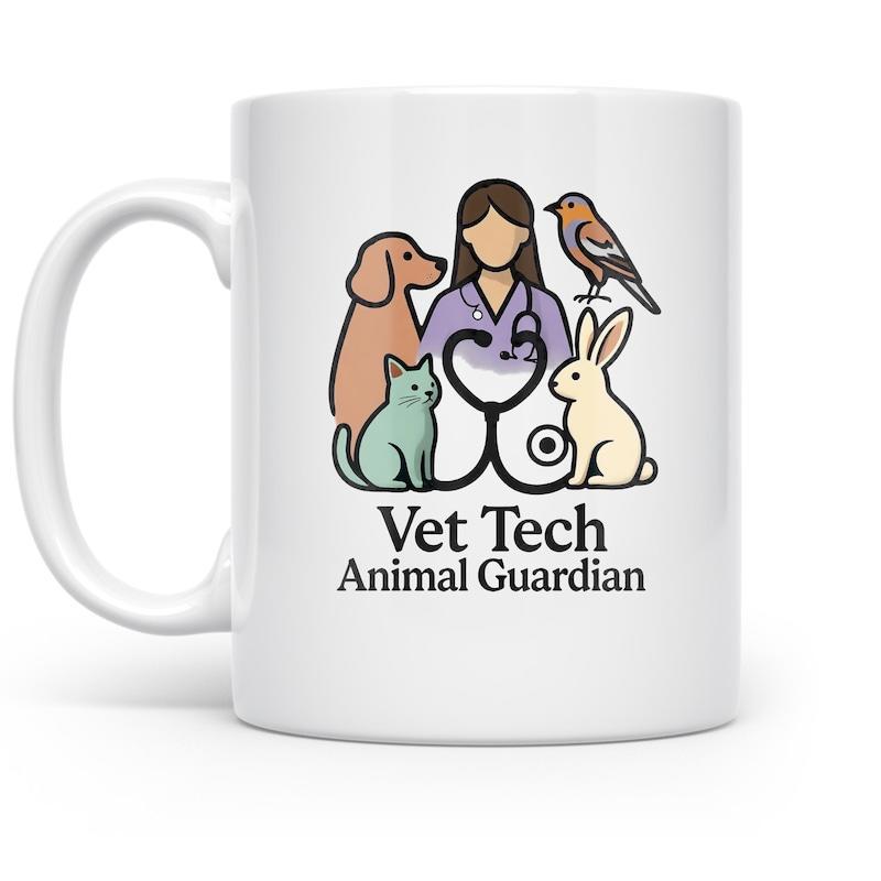 Tailorly White Ceramic 11 oz Mug - Vet Tech Animal Guardian Compassionate Caregiver Surrounded By Friendly Domestic Pets And Heart Shaped Stethoscope Technician