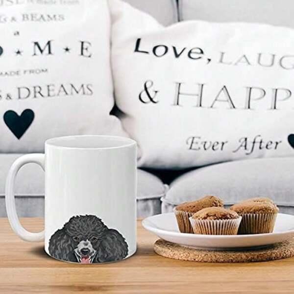 Tailorly White Ceramic 11 oz Mug - Hand Drawn Peeking Black Poodle With Detailed Curly Fur Texture Poodle