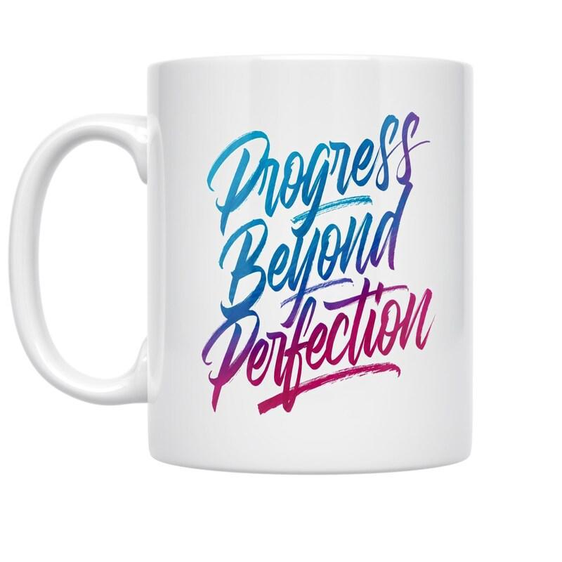 Tailorly White Ceramic 11 oz Mug - Progress Beyond Perfection Artistic Hand Brushed Script Lettering With Smooth Vibrant Rainbow Color Gradient Typography