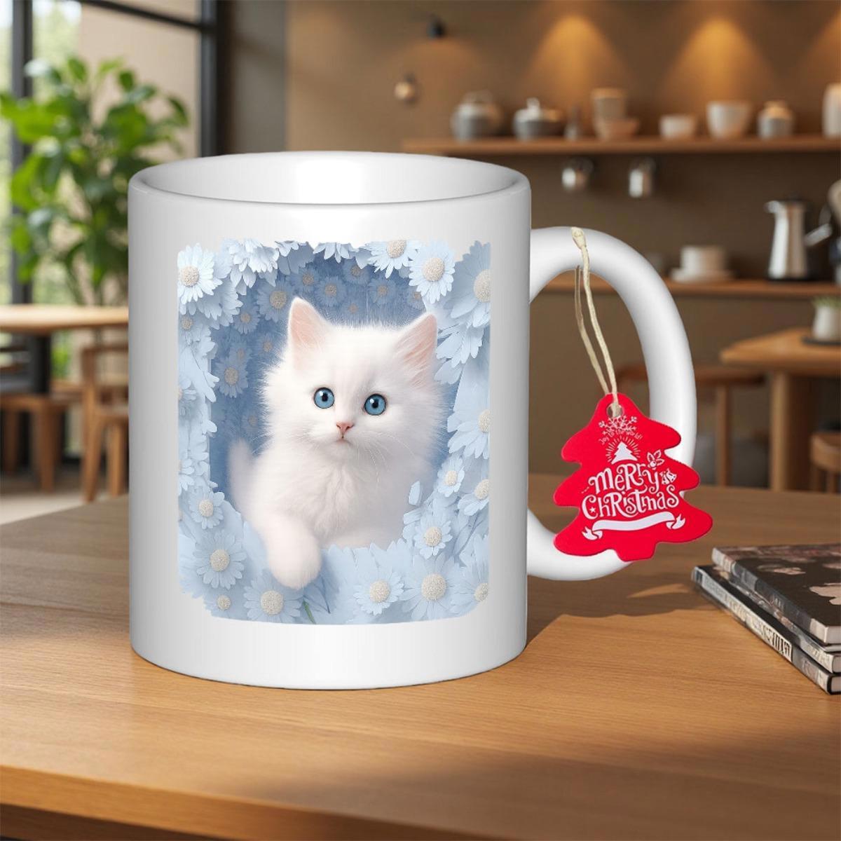 Tailorly White Ceramic 11 oz Mug - Merry Christmas White Fluffy Kitten Peeking Through Soft Blue Floral Blooms In Winter Atmosphere Kitten