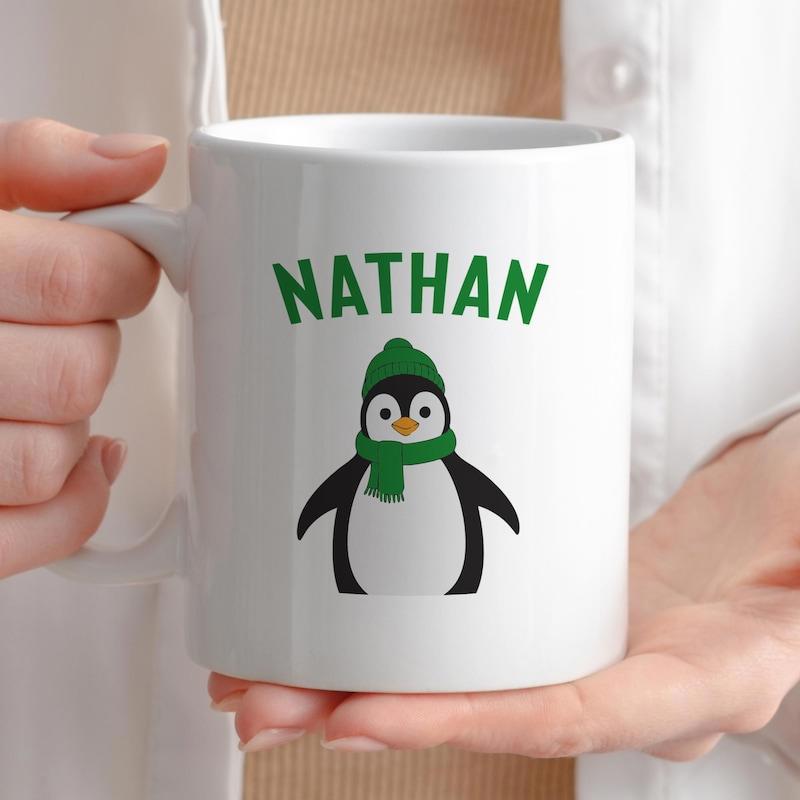Tailorly White Ceramic 11 oz Mug - Nathan Cute Winter Style With Green Scarf And Hat Wearing Penguin