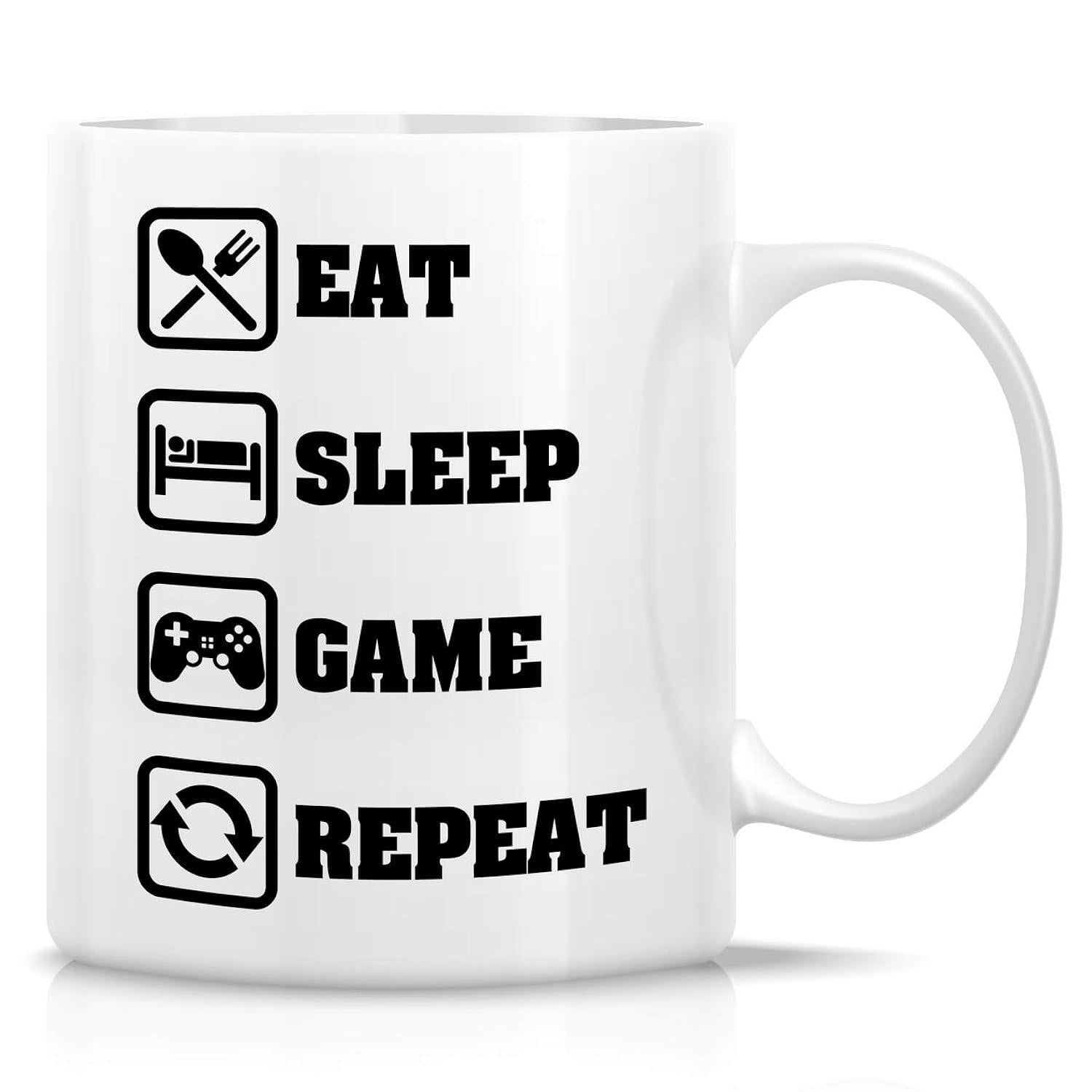 Tailorly White Ceramic 11 oz Mug - Eat Sleep Game Repeat Bold Black Stencil Icons Depicting Daily Gamer Routine And Lifestyle Controller