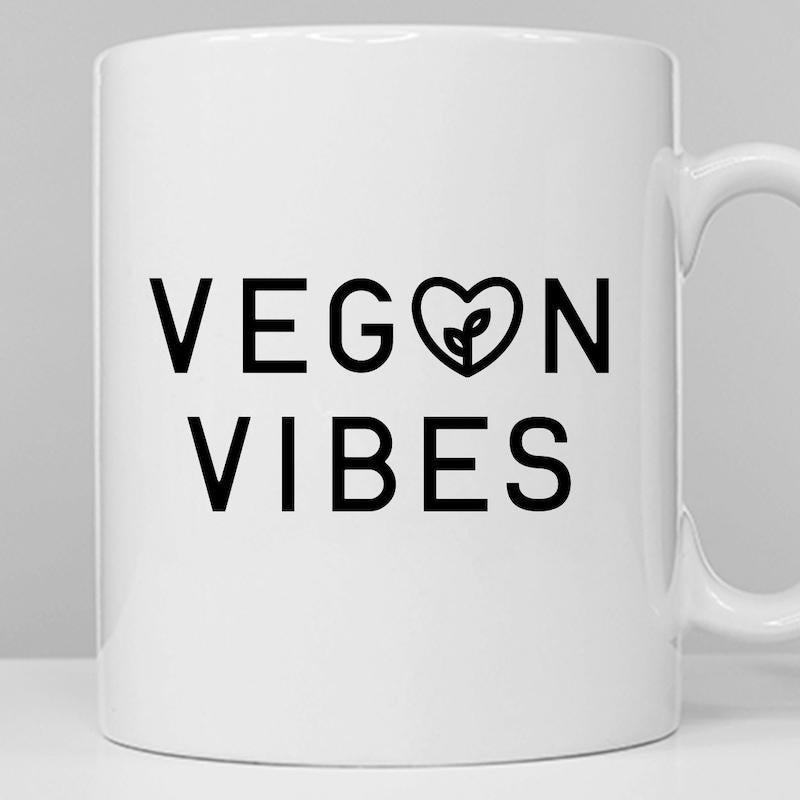 Tailorly White Ceramic 11 oz Mug - Vegan Vibes Minimalist Black Heart With Leaf Sprout Among Geometric Modern Letters Mug