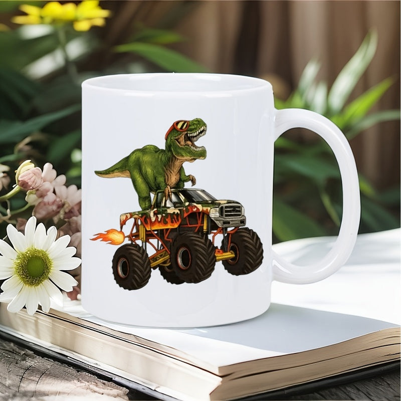 Tailorly White Ceramic 11 oz Mug - Mighty Green Dinosaur Standing Atop A Powerful Flaming Racing Monster Truck