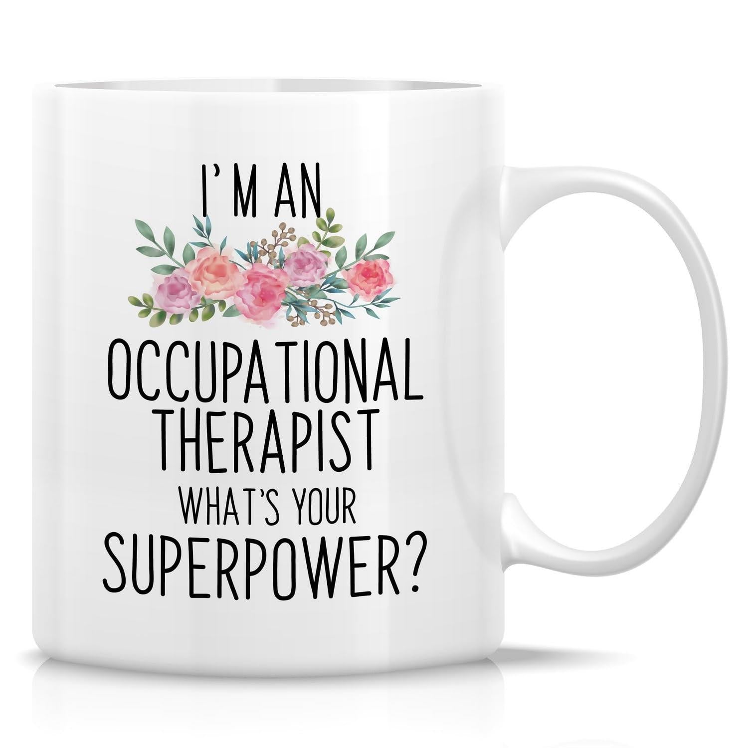 Tailorly White Ceramic 11 oz Mug - Im An Occupational Therapist Whats Your Superpower Elegant Watercolor Pink Roses And Green Leaves Arranged In Delicate Bouquet
