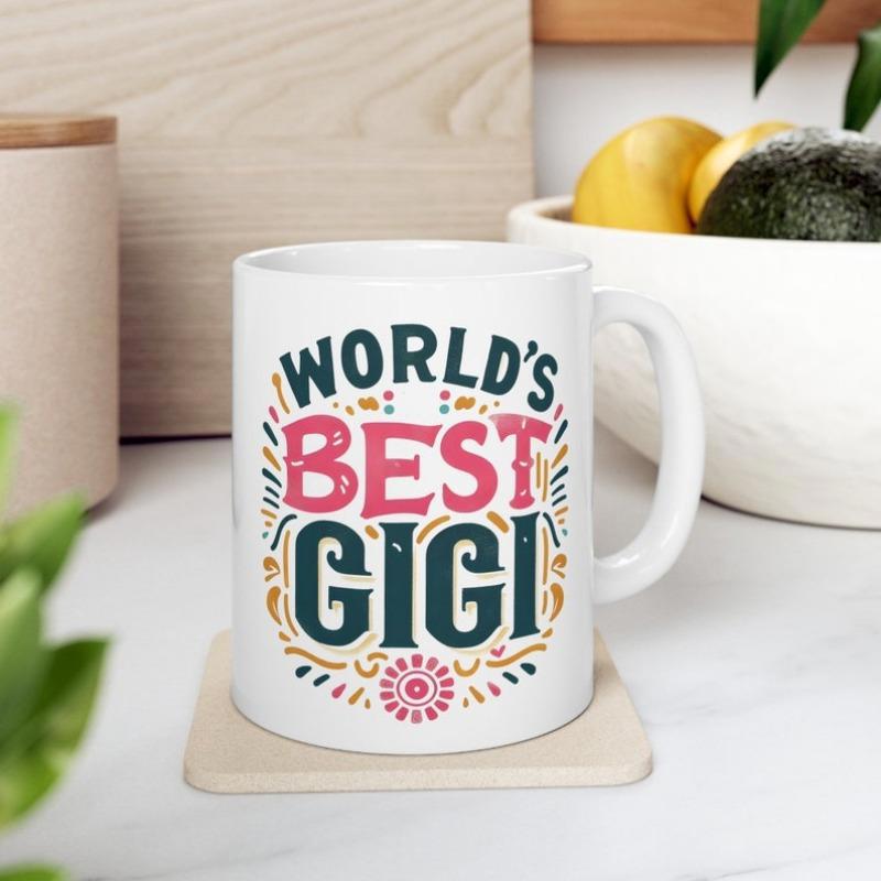 Tailorly White Ceramic 11 oz Mug - World's Best Gigi Colorful Folk Art Patterns With Floral Accents And Decorative Swirls Mug
