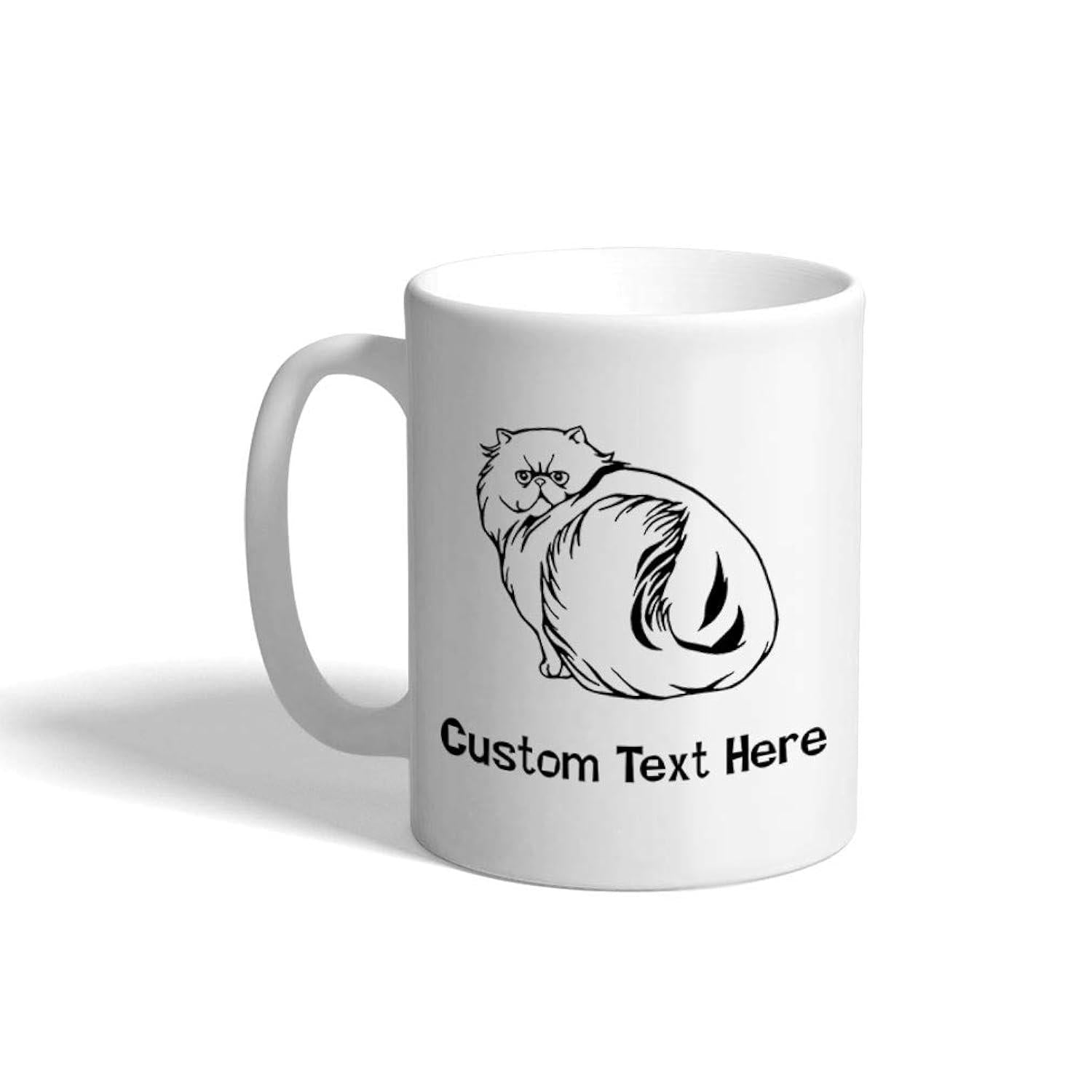 Tailorly White Ceramic 11 oz Mug - Custom Text Here Elegant Fluffy Persian Sitting Gracefully With Detailed Black Line Art Strokes Cat