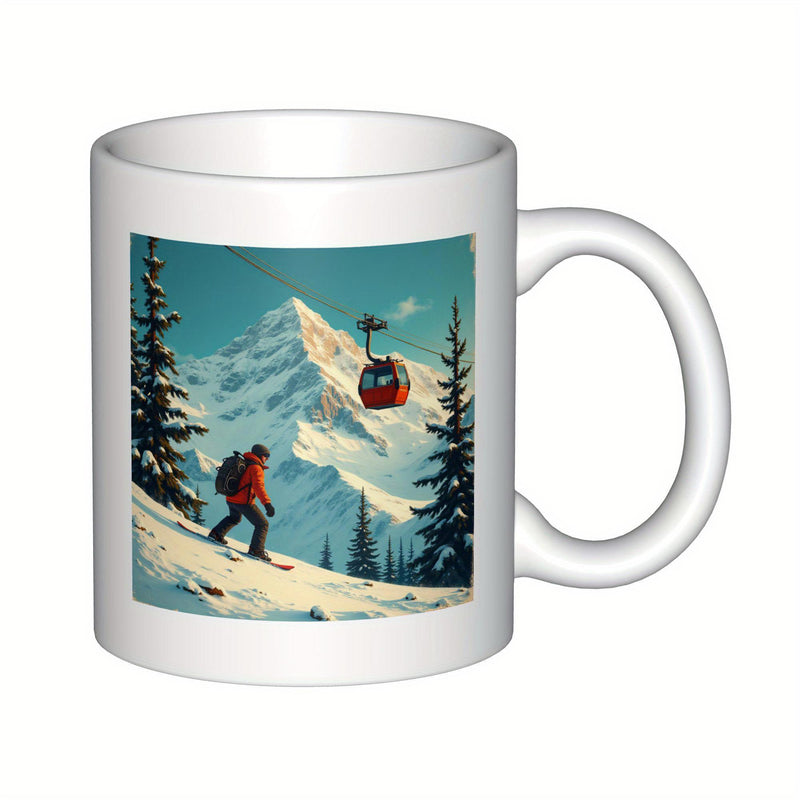 Tailorly White Ceramic 11 oz Mug - Snowy Peaks With A Red Cable Car Above A Winter Hiker Mountain