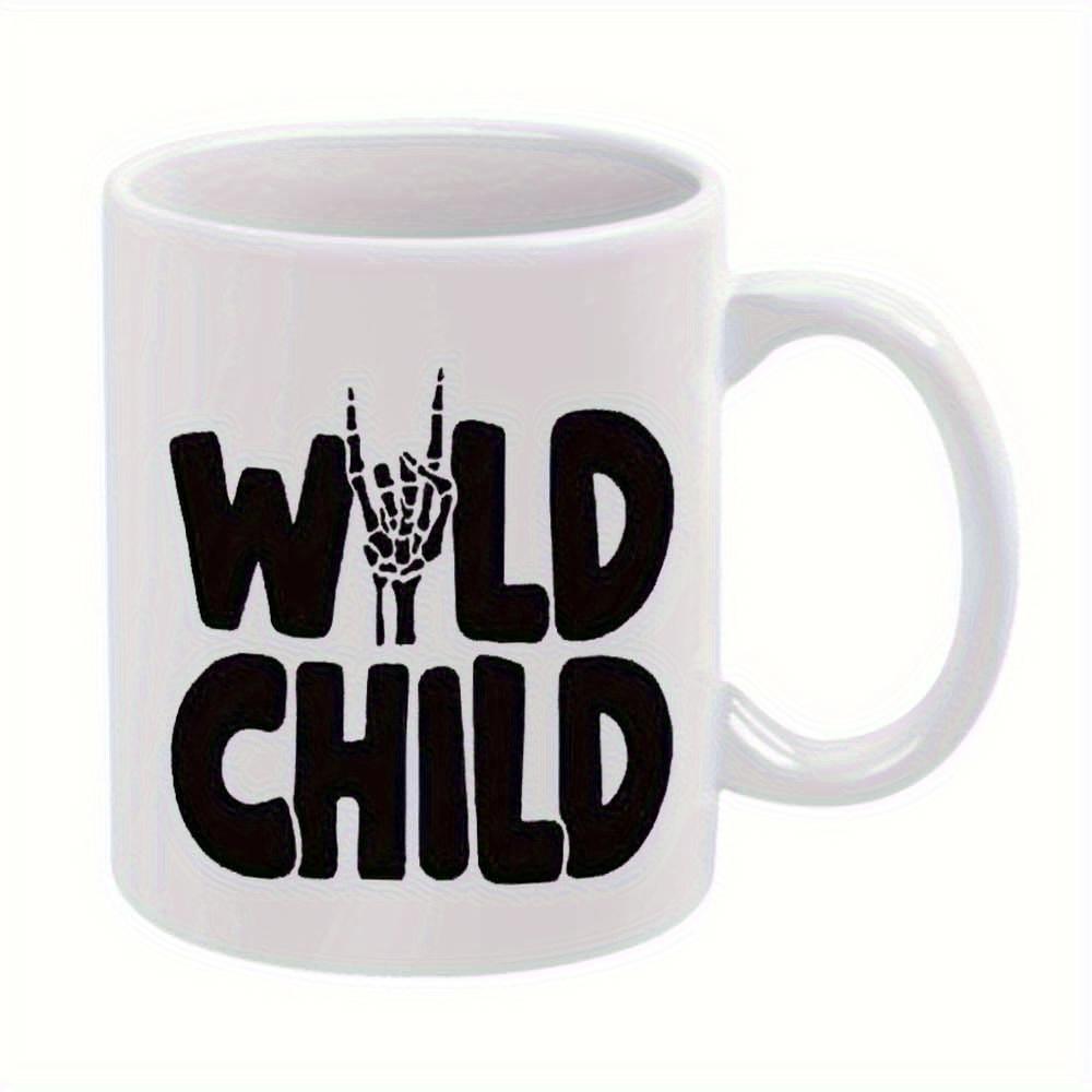 Tailorly White Ceramic 11 oz Mug - Wild Child Edgy Black Typography Combined With A Detailed Bony Rock Gesture Skeleton
