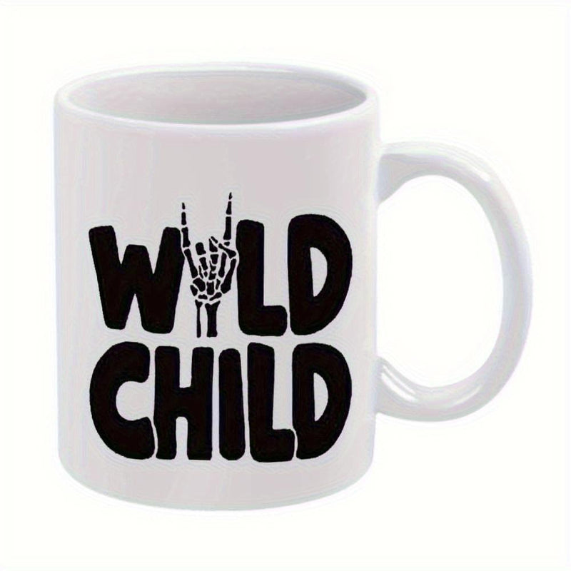 Tailorly White Ceramic 11 oz Mug - Wild Child Edgy Black Typography Combined With A Detailed Bony Rock Gesture Skeleton