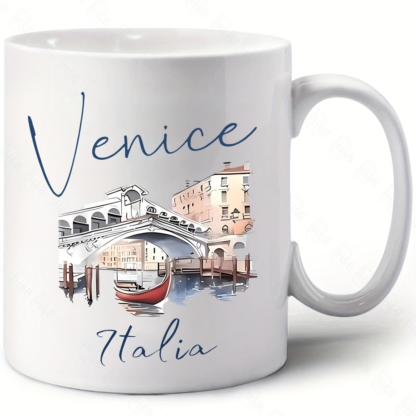 Tailorly White Ceramic 11 oz Mug - Venice Artistic Watercolor Illustration Of Historic Rialto Landmark Above Calm Water Bridge