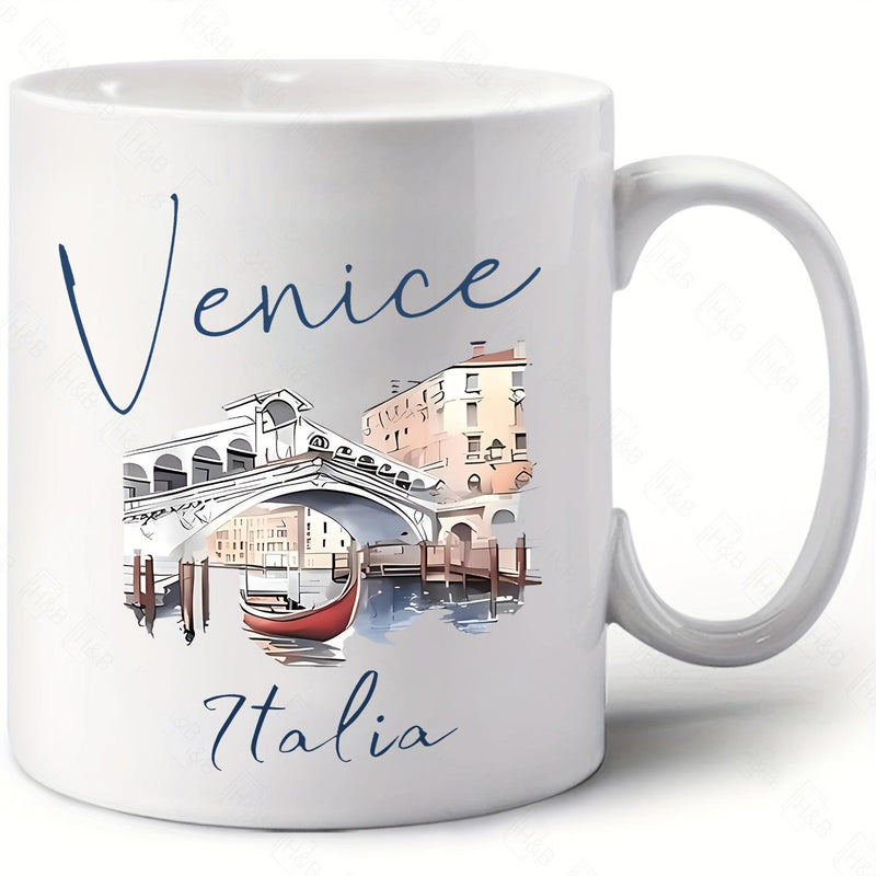 Tailorly White Ceramic 11 oz Mug - Venice Artistic Watercolor Illustration Of Historic Rialto Landmark Above Calm Water Bridge