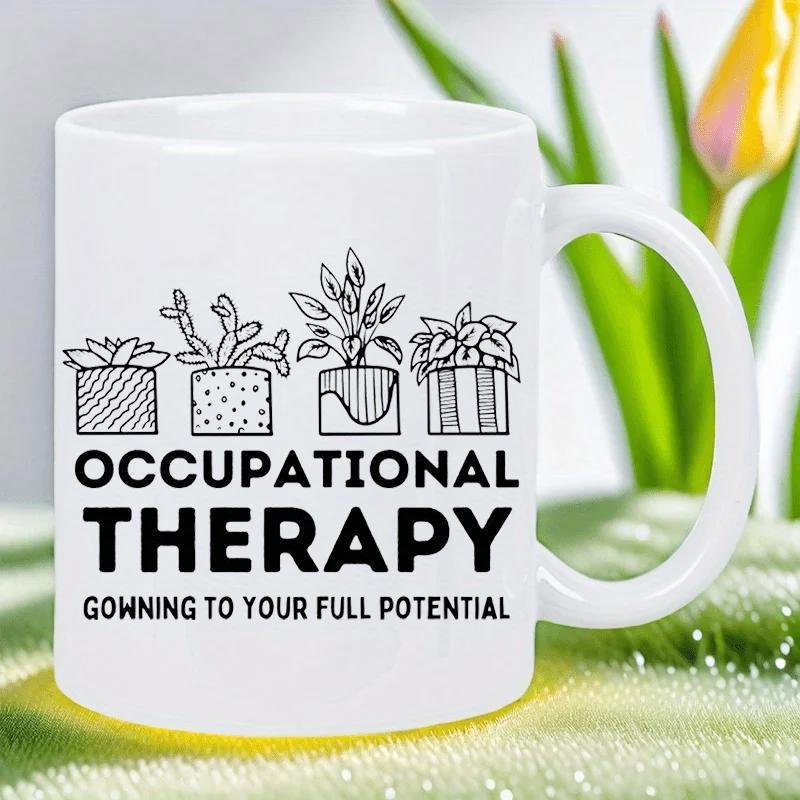 Tailorly White Ceramic 11 oz Mug - Occupational Therapy Growing To Your Full Potential Minimalist Black Line Art Potted Greenery In Decorative Geometric Containers