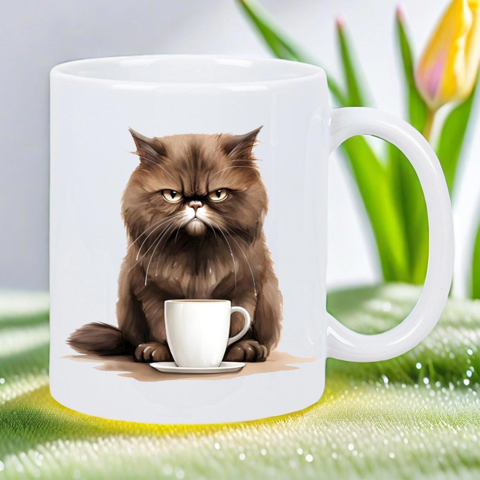 Tailorly White Ceramic 11 oz Mug - Fluffy Brown Grumpy Persian Feline Sitting Behind A Small White Espresso Cup Cat
