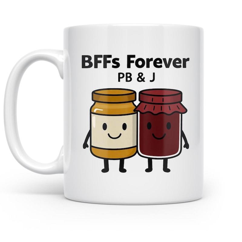 Tailorly White Ceramic 11 oz Mug - BFFs Forever PB J Two Friendly Cartoon Food Characters Holding Hands Smiling Together Jars