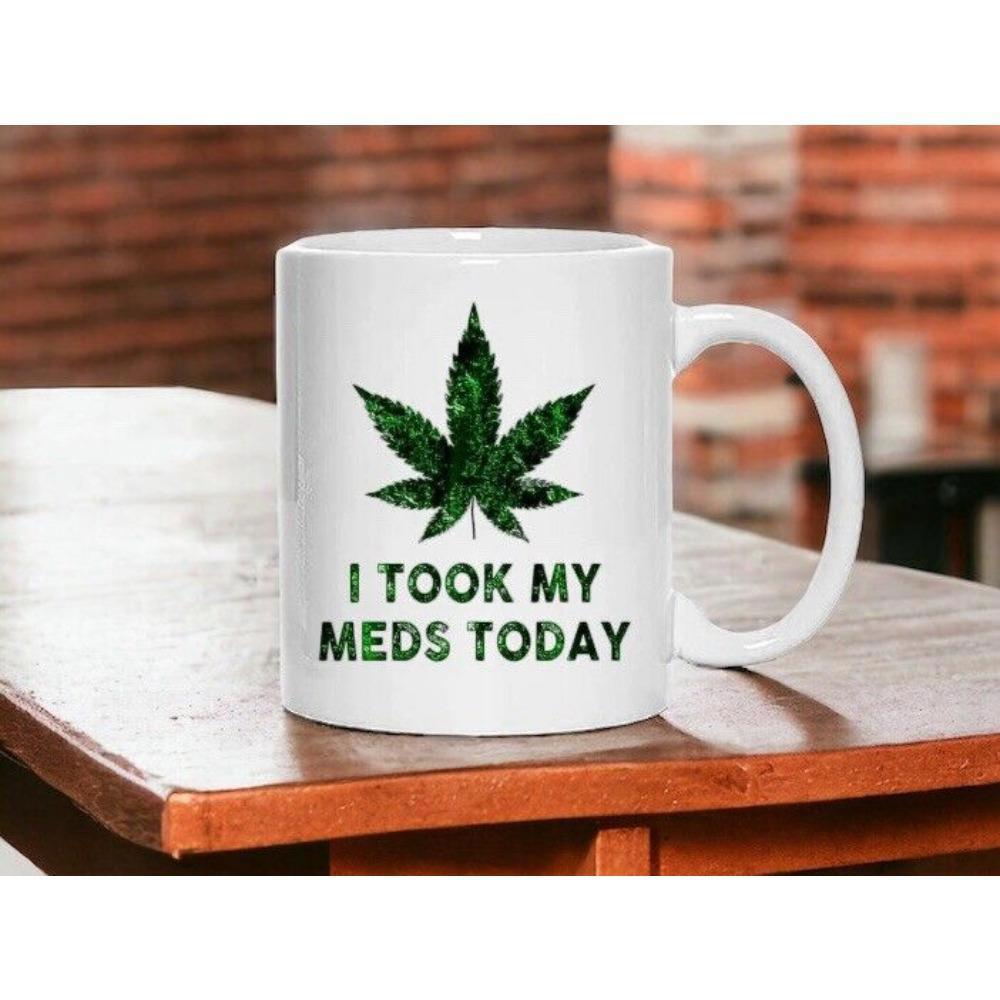 Tailorly White Ceramic 11 oz Mug - I Took My Meds Today Detailed Green Herbal Foliage With Galaxy Texture And Organic Shape Leaf