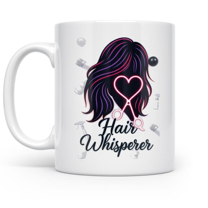 Tailorly White Ceramic 11 oz Mug - Hair Whisperer Elegant Flowing Wavy Hair With Pink Heart Shaped Shears Hairstylist