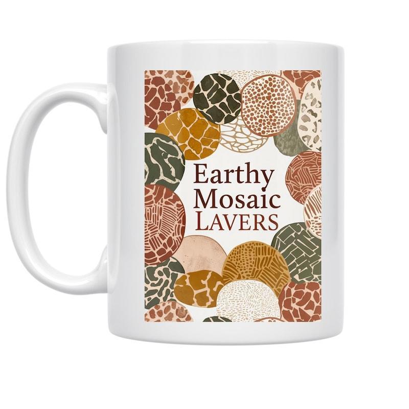 Tailorly White Ceramic 11 oz Mug - Earthy Mosaic Lavers Textured Organic Circles With Natural Earthy Tones In A Decorative Mosaic Mug