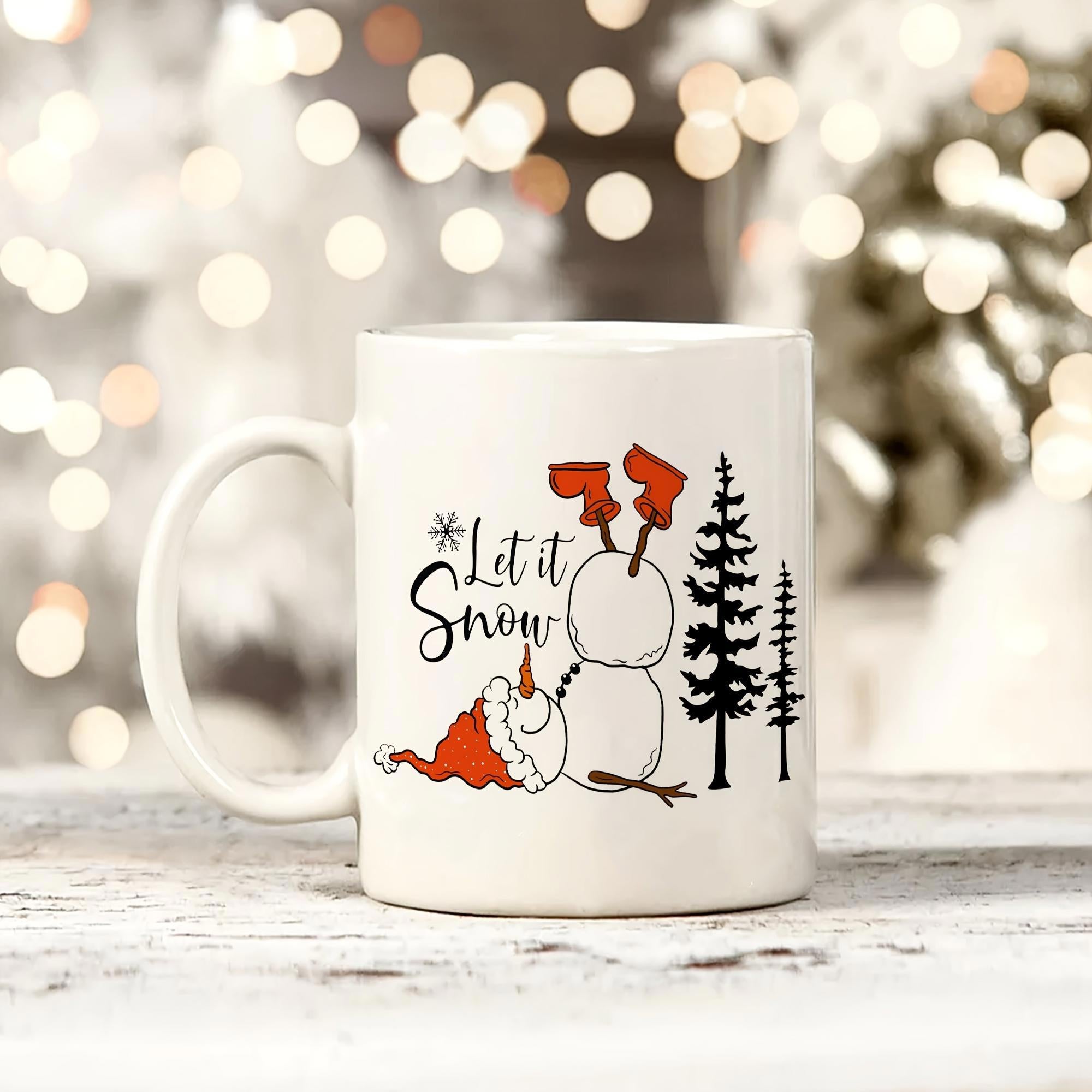 Tailorly White Ceramic 11 oz Mug - Let It Snow Playful Upside Down Figures With Red Boots And Festive Pine Trees Snowman