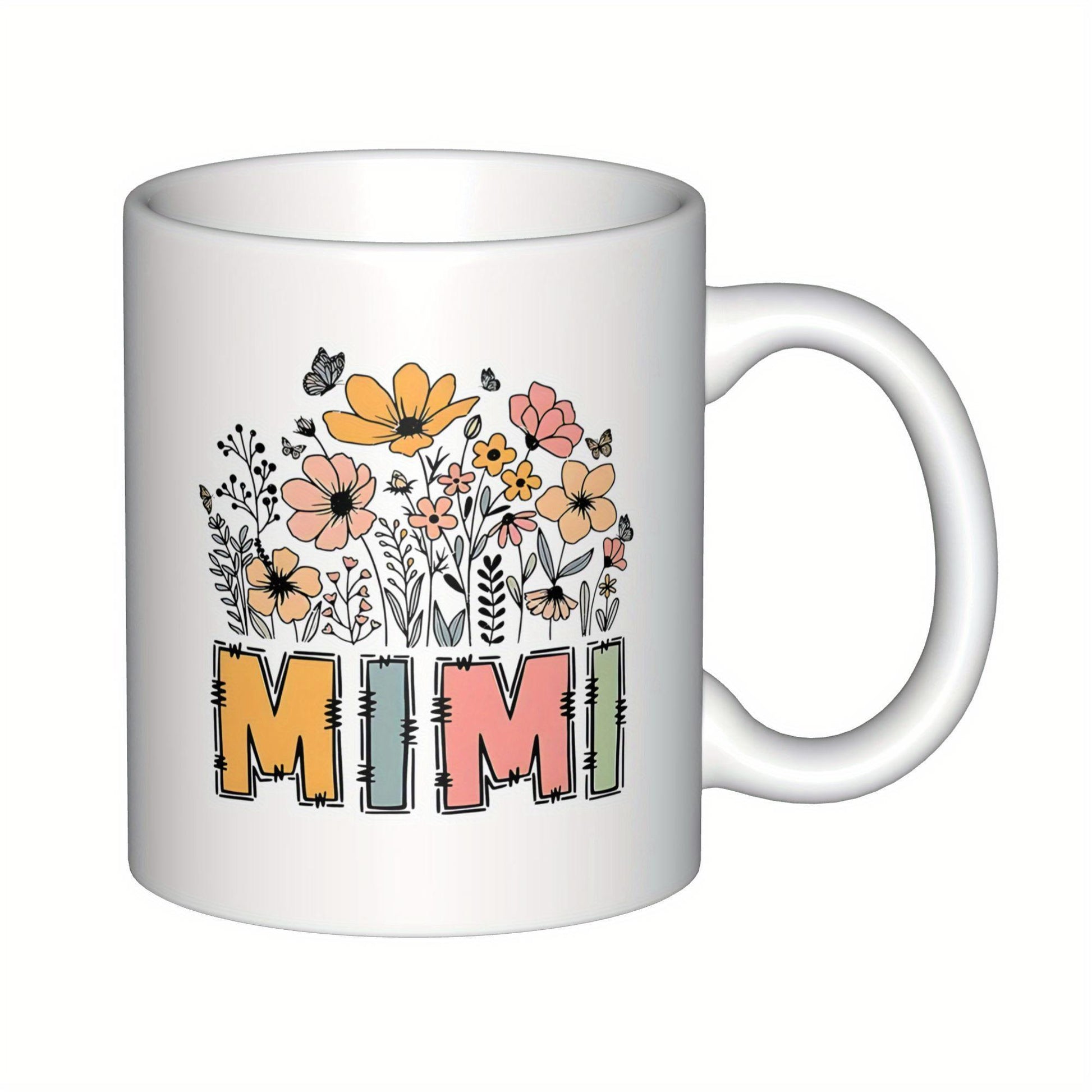 Tailorly White Ceramic 11 oz Mug - Mimi Pastel Wildflowers Growing In A Garden With Delicate Flying Butterflies Wildflowers