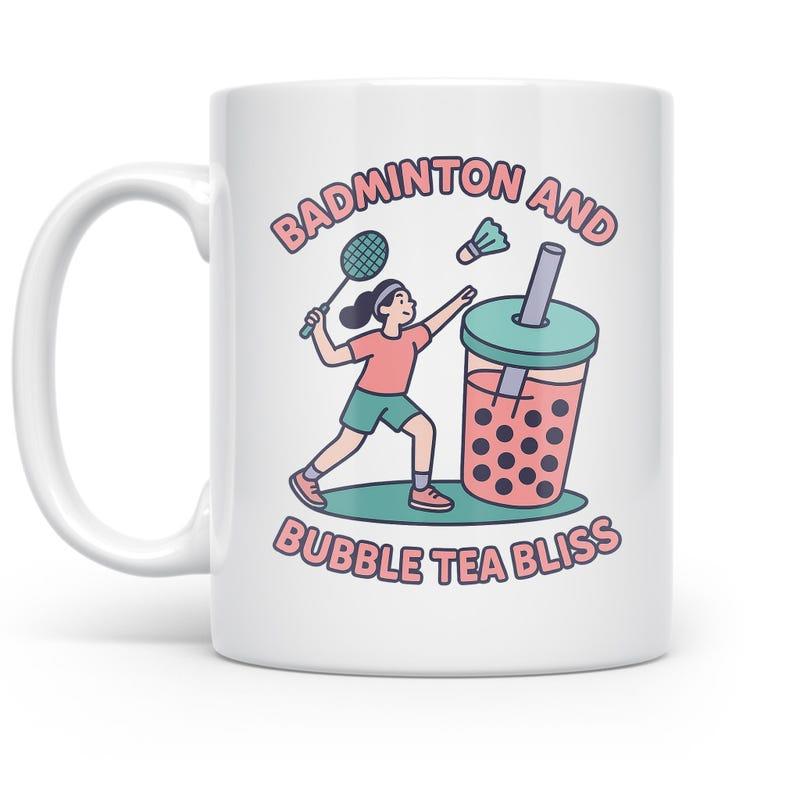 Tailorly White Ceramic 11 oz Mug - Badminton And Bubble Tea Bliss Energetic Girl Playing Sports Beside Large Delicious Pearl Milk Tea Badminton