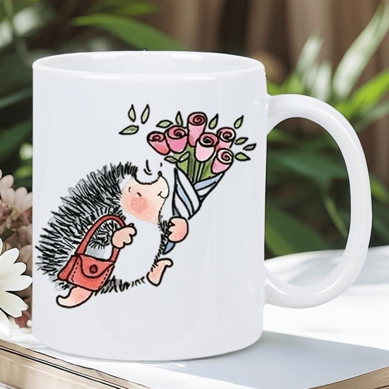 Tailorly White Ceramic 11 oz Mug - Charming Little Animal Holding A Floral Bouquet Wearing Red Purse Hedgehog